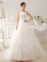 Ivory One-Shoulder Rhinestone Satin Organza Tulle Wedding Dress Milanoo Free Customization
