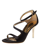 High Heel Sandals Womens Black Silk and Satin Open Toe Ankle Strap Stiletto Heels Sandals