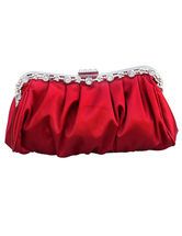 Formal Red Satin Rhinestone Woman Evening Bag With Silver Chain