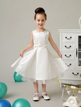 Cute Jewel Neck Pearls Satin Bowknot Wedding Flower Girl Dress