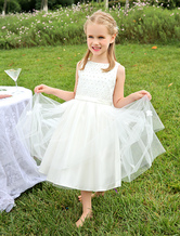 Vestido de niña para boda 2024 de las flores de perlas de marfil con cuentas vestido de tutú satén fajín longitud de la rodilla vestidos de niña de fiesta