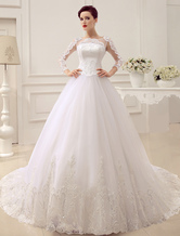 Vestido de novia princesa 2024 con cola catedral con escote redondo con 3/4 manga
