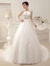 Princess Ball Gown Wedding Dress Long Sleeve Lace Beaded Sash Bridal Dress With Chapel Train Free Customization