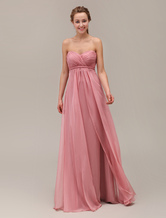 Salmon Bridesmaid Dress Sweetheart Pleated Floor Length Chiffon Wedding Party Dress Milanoo