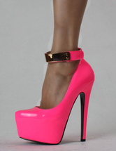 Metallic Pink PU Leather Pointed Toe Stiletto Heel Velcro Women's High ...