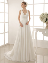Beaded V-Neckline A-Line Wedding Gown With Chapel Train Free Customization