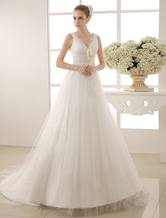 A Line Empire Bridal Dress V Neckline Pearls Wedding Dress With Chapel Train