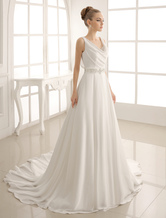 A-Line Wedding Dress Beaded Pleated Backless Brides Dress With Court Train Free Customization