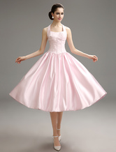 Peach Prom Dress Halter Tea Length Party Dress Bow Decor Lace Up Satin A Line Homecoming Dress Milanoo