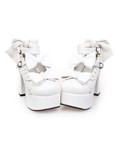 Scarpe Lolita bianco opaco Pony tacchi scarpe piattaforma caviglia cinghie fiocchi Decor fibbie