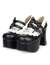 Black High Chunky Heels Lolita Shoes Platform Bows White Trim