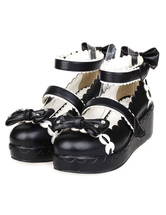 Lolitashow Sweet Lolita Shoes Platform Ankle Strap Bows Decor White Trim