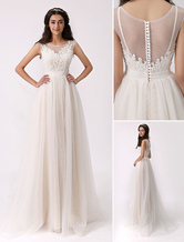 Ivory Beaded Lace Wedding Dress with Sheer Back