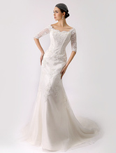 Mermaid Half Sleeve Lace Wedding Gown With Chapel Train Off The Shoulder Lace Up Bridal Dress