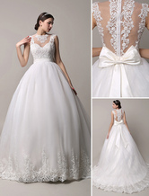 Ivory Sheer Neckline Ball Gown Wedding Dress with Illusion Lace Back  Milanoo