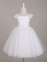"Vestido de niña de las flores blancas con mangas de encaje vestido de tutú Bateau longitud de la rodilla corto Vestidos de fiesta para niñas