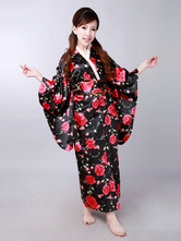 Costume Kimono Japonais Noir Avec Rose Imprimé Déguisement Halloween