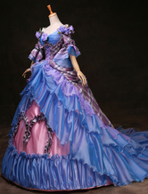 【xs~6xl】Traje de vestido vitoriano roxo real feminino vestido de baile rococó feminino xadrez em camadas flores babados trajes da era vitoriana trajes de princesa vintage Halloween
