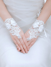 Romantic Bow And Rhinestone Wrist Length Fingerless Lace Wedding Gloves