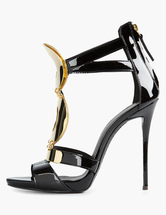 Black Patent PU Stiletto Heel Metal Details T-strap Sandals - Milanoo.com