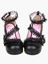 Lolitashow Matte Black Lolita Chunky Heels Shoes Lace Trim Ankle Straps Buckles