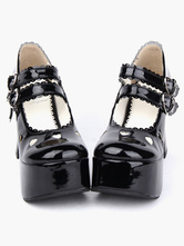 Glossy Black Lolita Chunky Heels Shoes Platform Shoes Ankle Straps Buckles Bow Hollow Heart