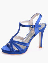Zapatos de novia de satén 11cm Zapatos de Fiesta Zapatos azul de tacón de stiletto Zapatos de boda de puntera abierta 1.5cm