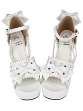 PU Leather Bow White Mid Heel Round Toe Lolita Sandals 