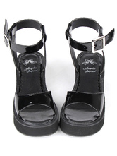 PU Leather Black Mid Heel Round Toe Lolita Sandals 