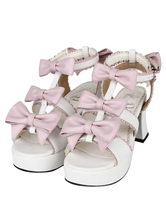 PU Leather White Mid Heel Bows Round Toe Lolita Sandals 