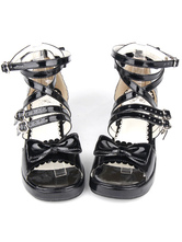 PU Leather Black Low Heel Round Toe Lolita Sandals 