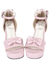PU Leather Pink Open Toe Mid Heel Round Toe Lolita Sandals 