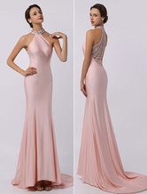 Peach Prom Dresses 2024 Long Tulle Beading Chiffon Party Dress Mermaid Halter Illusion Back Evening Dress With Train Milanoo wedding guest dress