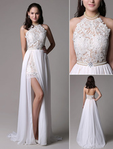 White Prom Dress 2024 Long Ivory Halter Backless Lace Applique Beading Chiffon Split Party Dress Wedding Guest Dresses