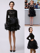 Celebrity Dresses Emma Stone Cannes Black Long Sleeves Sheer Lace Organza Dress
