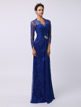 Brautmutterkleider A-Linie- Abendkleider für Hochzeit Spitze Königsblau Langarm Illusion Ausschnitt bodenlang mit Reißverschluss