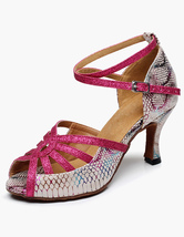 Women Ballroom Shoes Fuchsia Glitter Peep Toe Snake Pattern Latin Dance Shoes