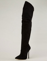 Black Thigh High Boots Womens Velvet Pointed Toe Stiletto Heel Over The Knee Boots