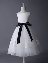 Ivory Tulle Flower Girl Dress With Lace Applique And Navy Blue Sash Free Customization