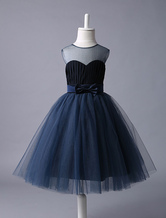 Vestido de Menina das Flores Navy Blue Sweetheart Neckline Tutu Vestido Bow Sash Short Kids Dress Formal