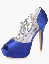 Zapatos de novia de satén 12.5cm Zapatos de Fiesta Zapatos azul de tacón de stiletto Zapatos de boda de punter Peep Toe con pedrería 3cm