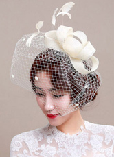 Ivory Feather Wedding Hat With Birdcage Veil