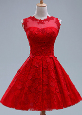 Applique rojo vestido de corto de Dama de honor de encaje para mujer