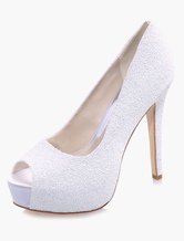 White Peep Toe Sequined Cloth Evening and Bridal Sandals 