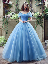 Cinderella Dress Blue Organza Tulle Off the Shoulder Ball Gown Dress with Chapel Train