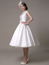 Marfil Vestido de novia corto 2024 con escote diseñado y lazo hasta la rodilla Milanoo