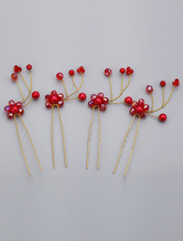 Red Alloy 4-Piece Pearl Wedding Hairpin
