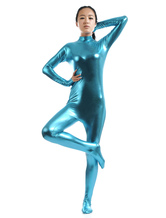 Faschingskostüm Blau mit Reißverschluss glänzend metallisch Zentai Anzug für Frauen