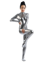 Cinza brilhante metálico Cosplay Zentai terno para as mulheres Halloween