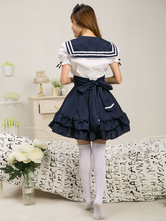 white shirt dark blue skirt